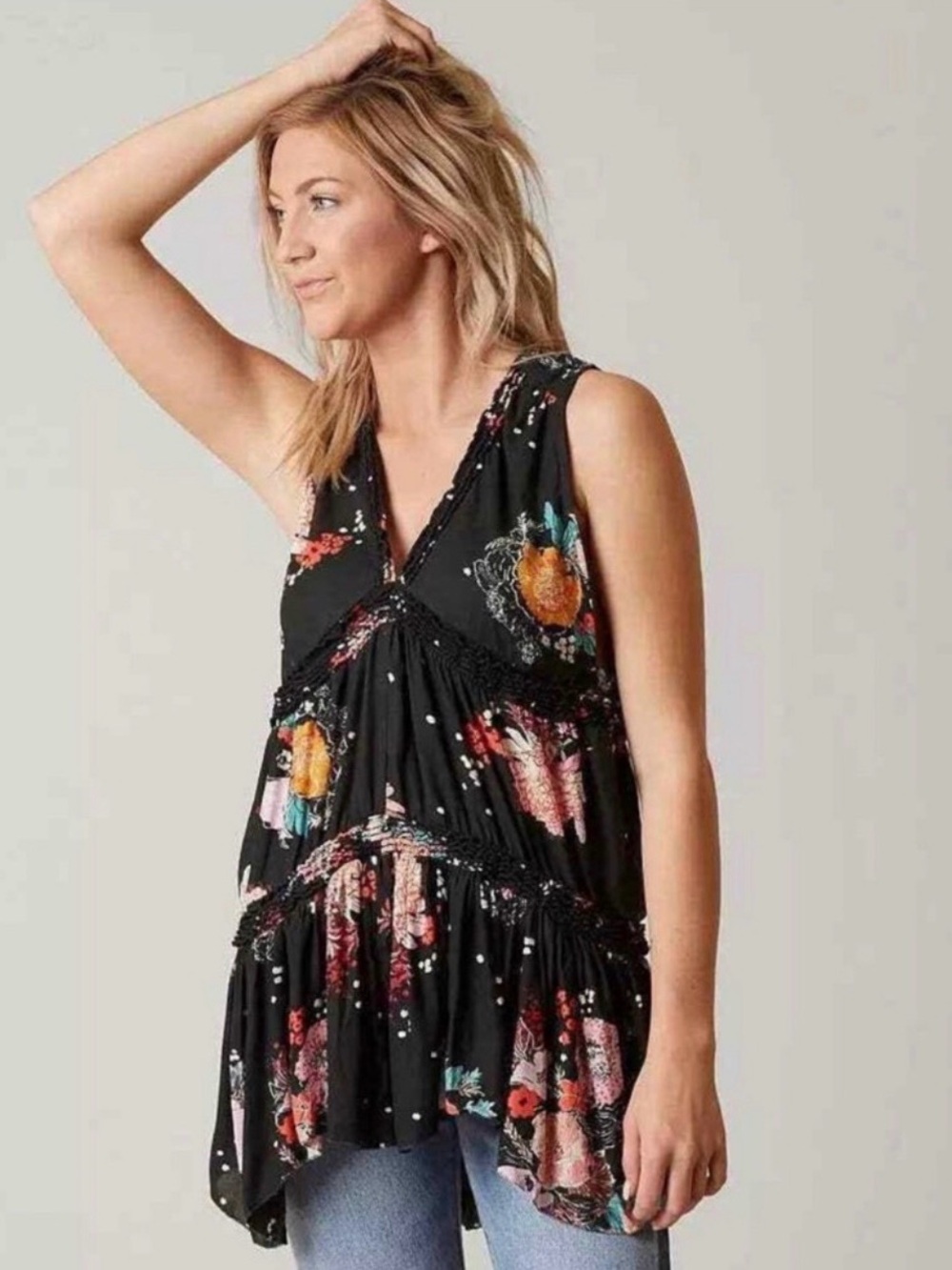 Free People Black Floral Crochet Trim Sleeveless Tunic – Size S
